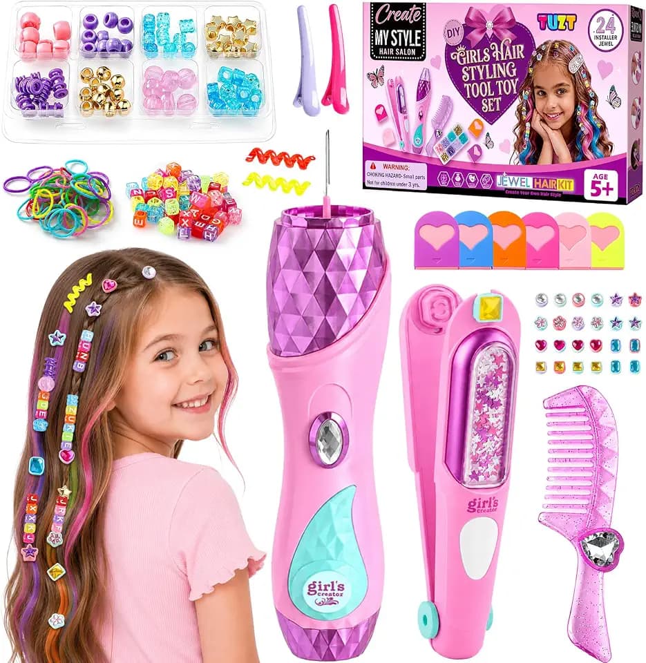TUZT 3 in 1 Hair Gem Stamper Kit for Girls, Hair Salon Toys for Girls with Hair Beading Machine, Washable Hair Color Powder, DIY Dress Up Toy Gift for Girls Ages 5-12