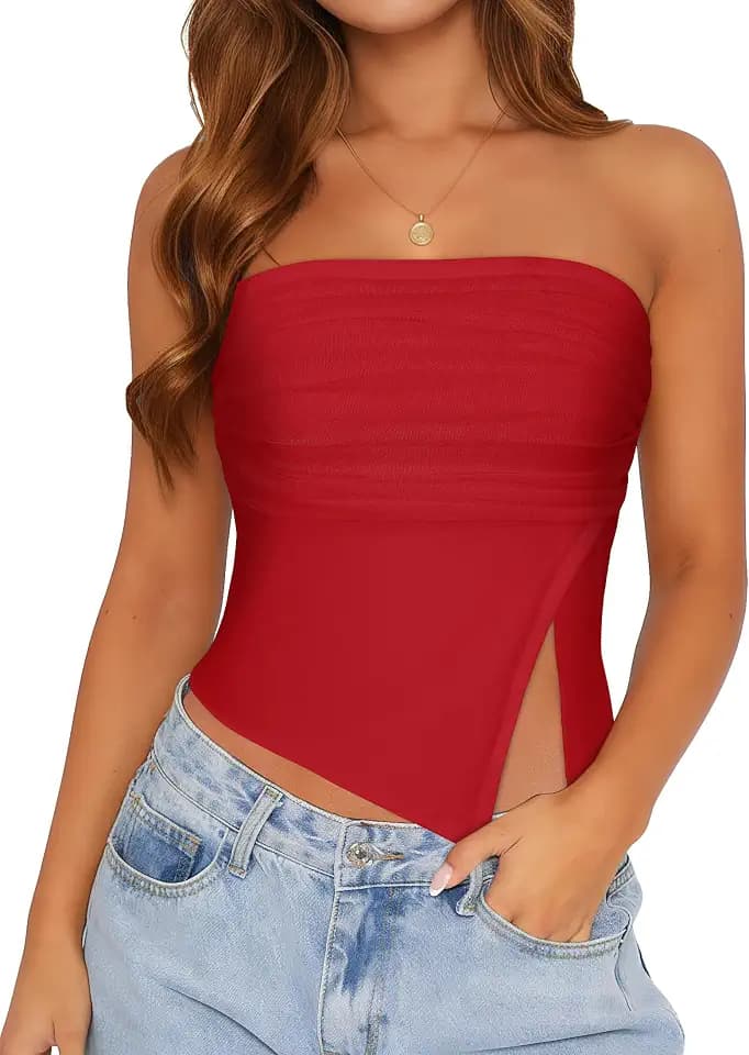Womens Tube Top Strapless Mesh Asymmetrical Hem Crop Tops Summer Bandeau