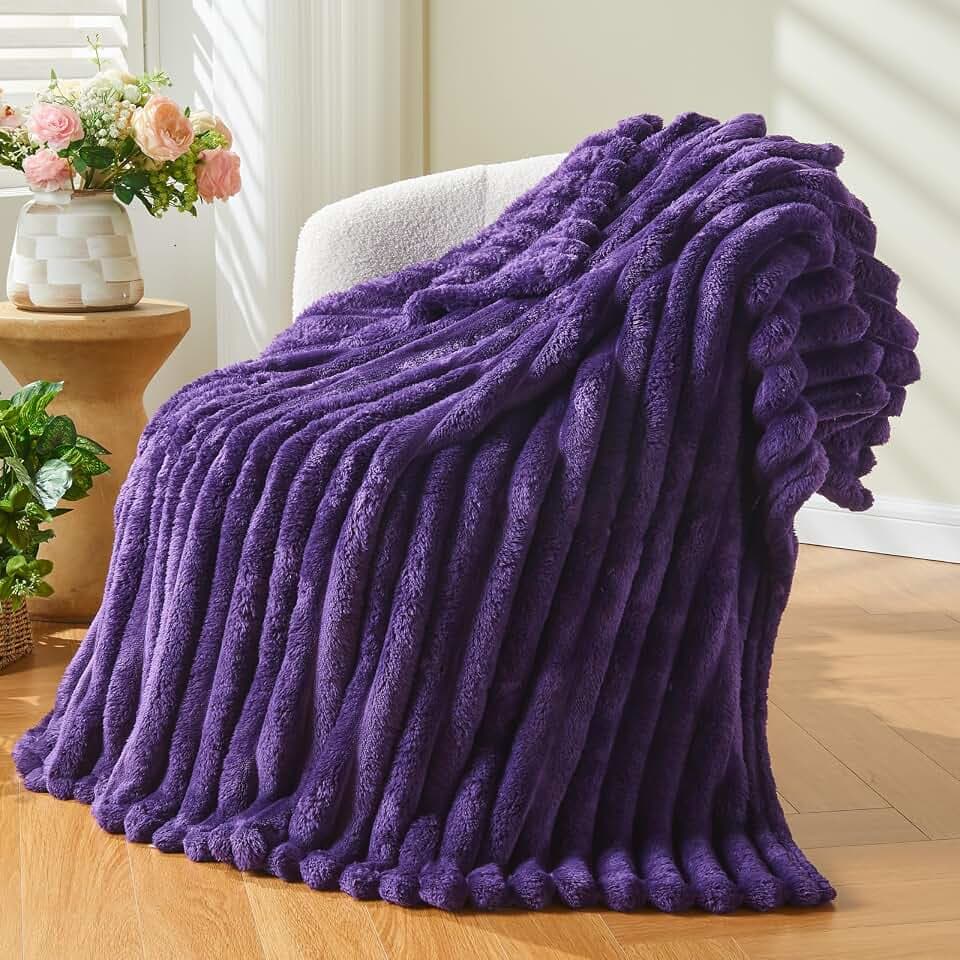 NEWCOSPLAY Fleece Ribbed Cozy Throw Blanket for Couch, Purple, 50"x60"