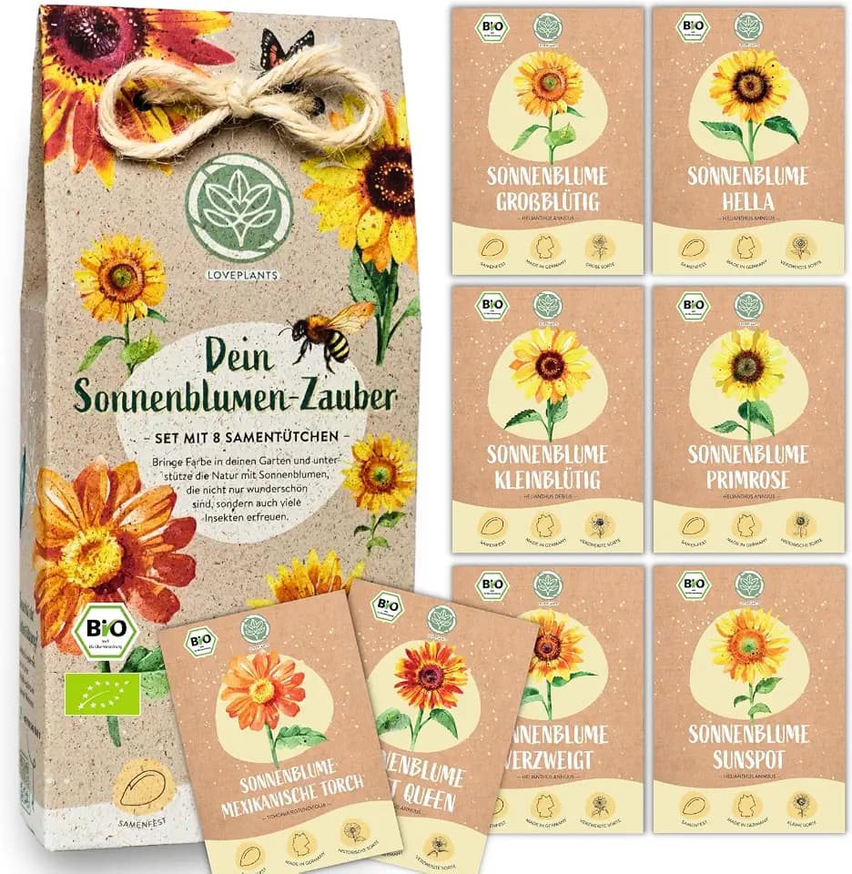 Bio Sonnenblumen Samen Set I 8 Sorten Sonnenblumensamen I Blumensamen Geschenk Set mit Riesen und kleine Sonnenblumen. Sommerblumen Samen als Blumen Samen Geschenk I Blumen Saatgut von Loveplants
