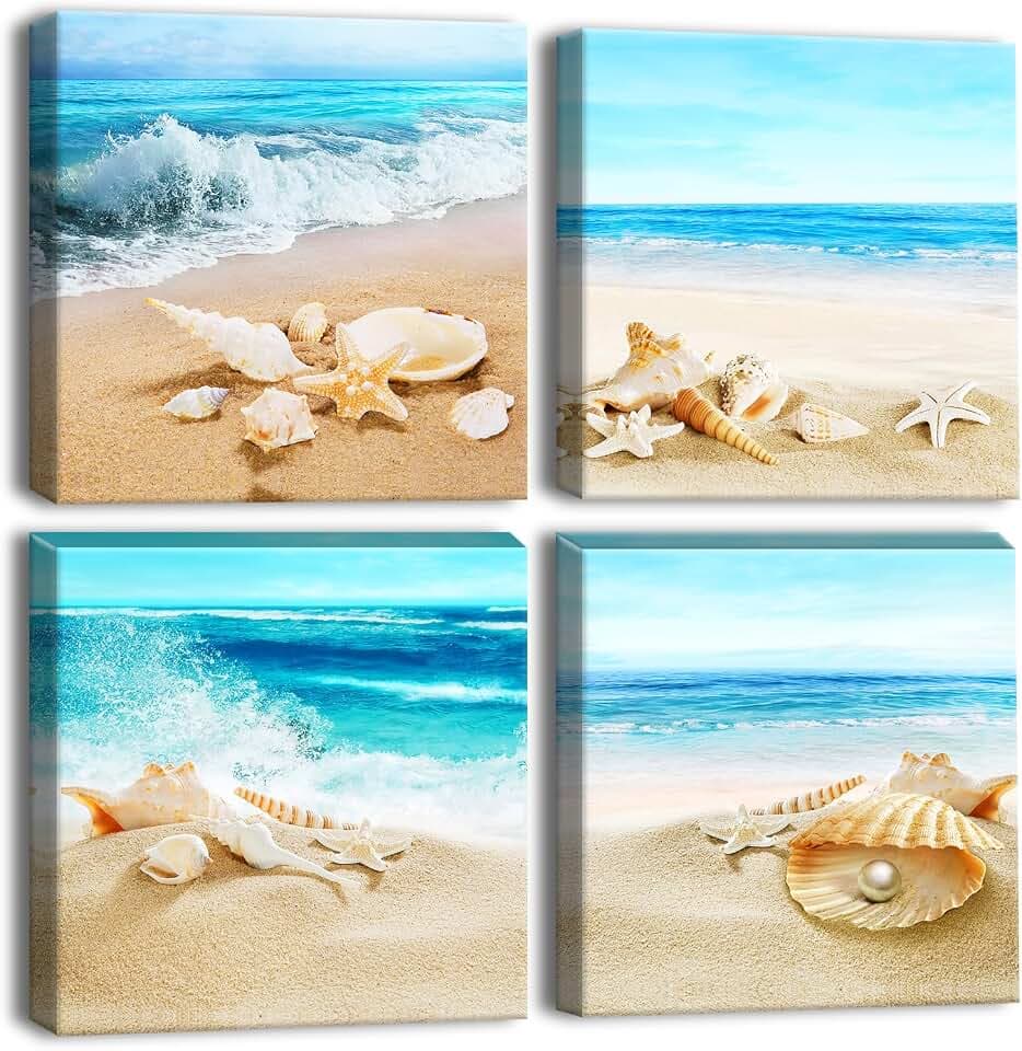 Artscope 4 Teilig Leinwandbilder mit Strandmuscheln und Meer Motiv Kunstdruck - Moderne Wandbild für Badezimmer Wohnzimmer Wanddekoration - 30 x 30 cm