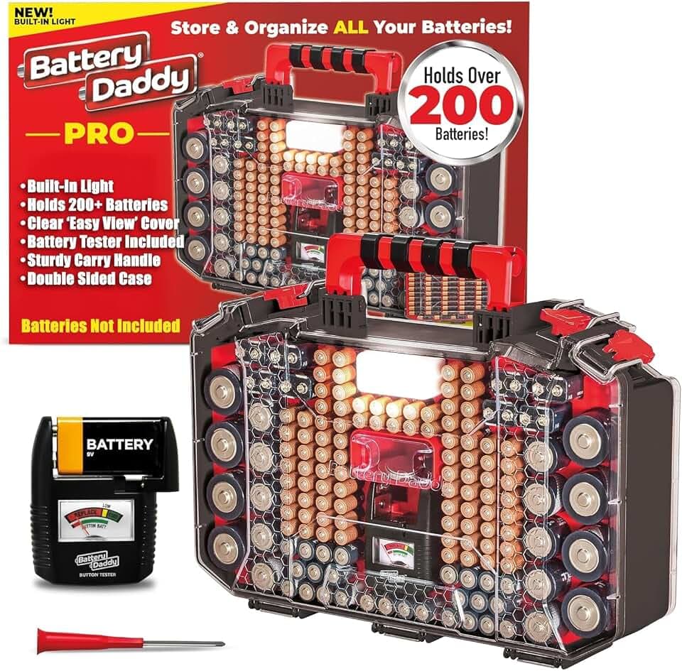 Ontel Battery Daddy Pro Organizer Case with Light + Tester, Holds 200+