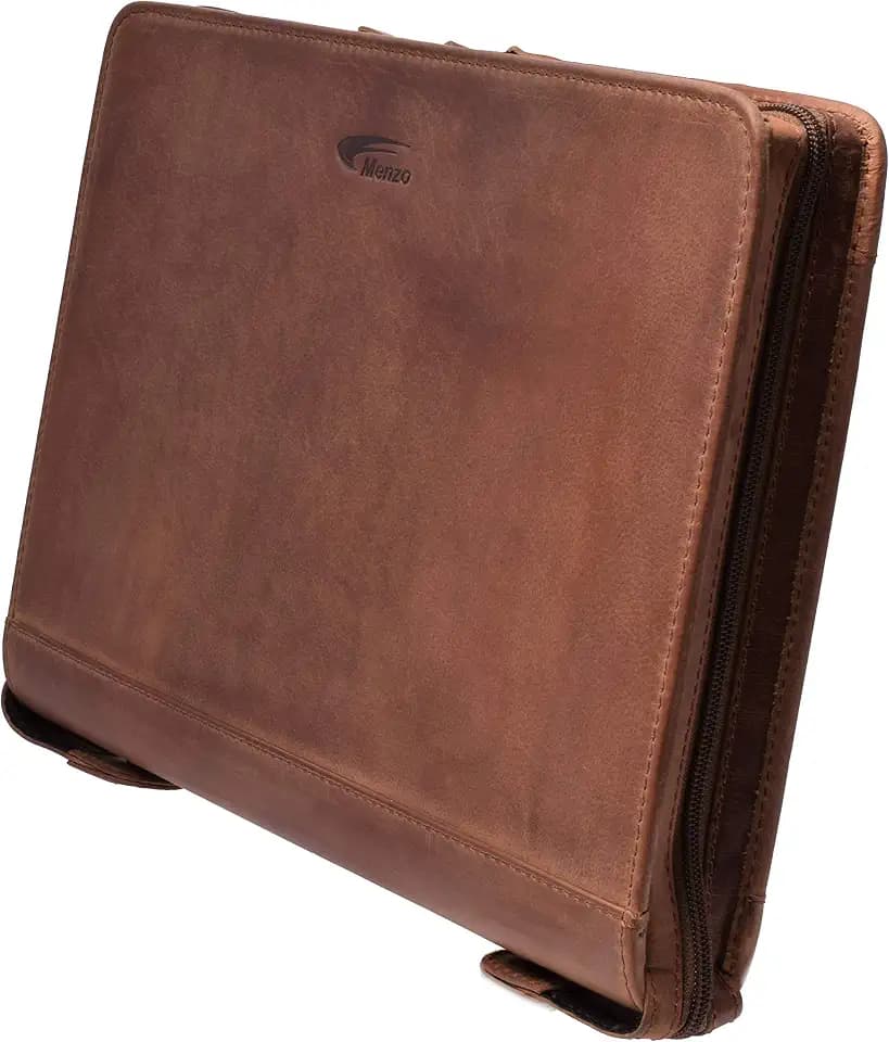 MENZO Lederschreibmappe, Dokumentenmappe, echtes Büffelleder Ledermappe, Schreibmappe, Businessmappe, Messenger bag, Mappe für Ringeinlagen, Konferenzmappe, Ledermappe, (braun/dunkelbraun)