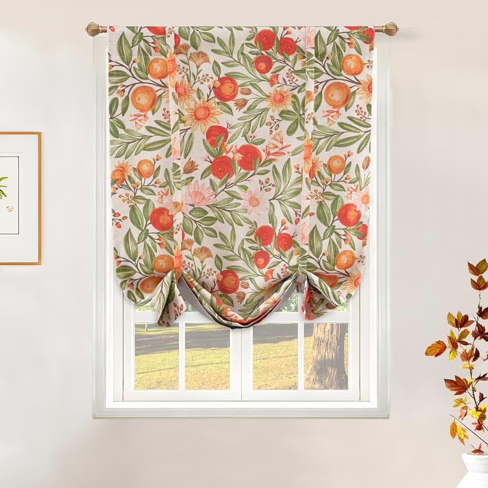 DriftAway Orange Harvest Double Layer Linen Blackout Tie Up Curtains Thermal Insulated Lined Balloon Roman Shade for Bathroom Cafe Autumn Fall Printed Vintage 31 Inch by 47 Inch Orange Coral Gold