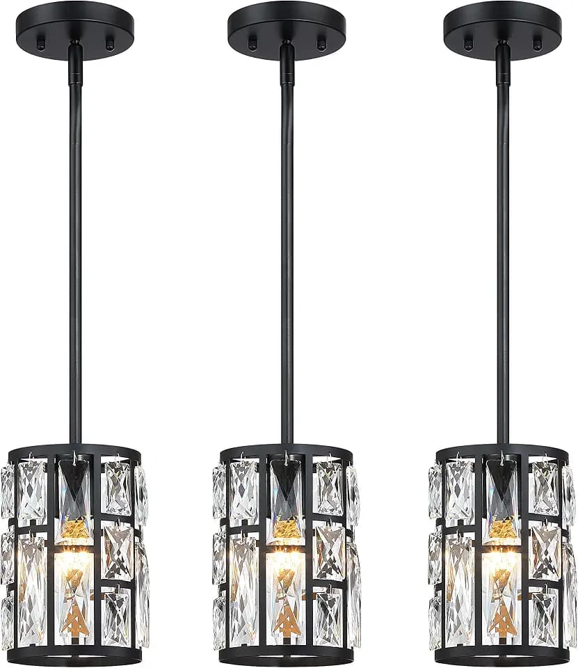 MEXO Modern Crystal Pendant Light Fixture 3-Pack Matte Black Finish Hanging Lighting Crystal Chandelier for Living Room, Kitchen, Hallway