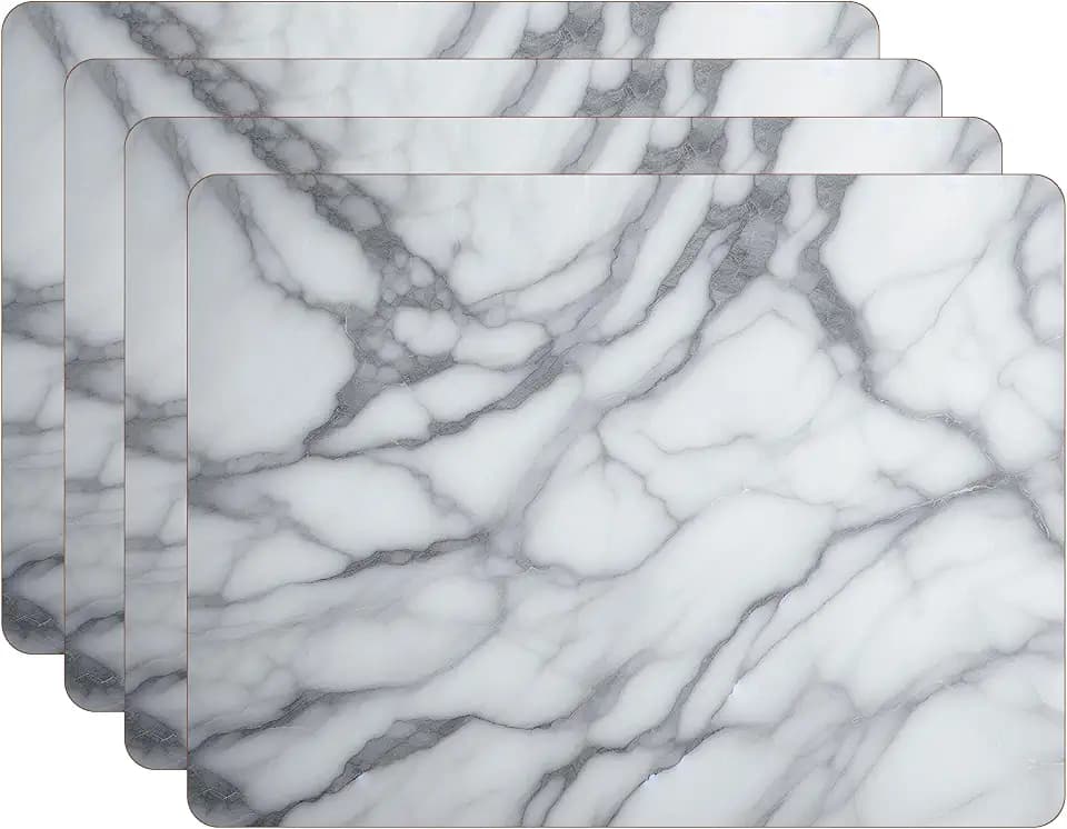 Set of 4 Cork Backed Placemats, Marble Design Dining and Banquet Table Decoration Hard Placemat 12" x 16" (White Marble)