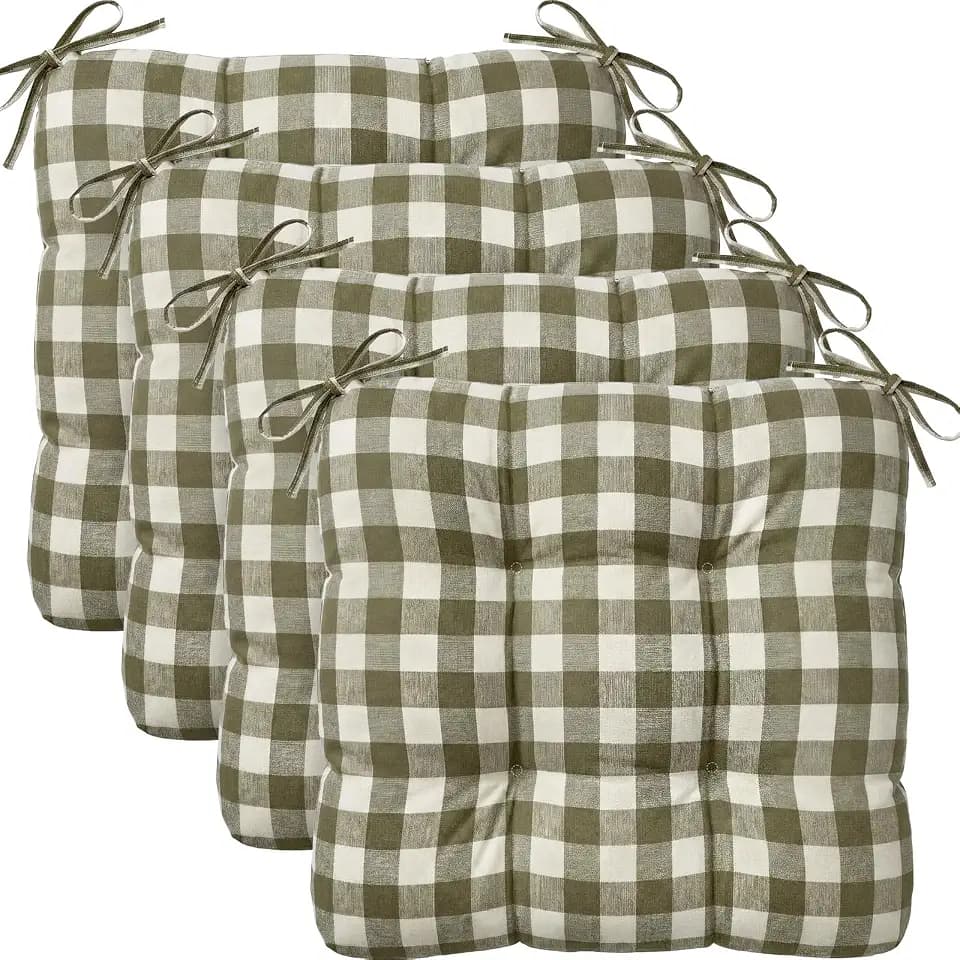 Geetery 4 Pack Plaid Chair Cushions, 16" x 15", Olive Green and White