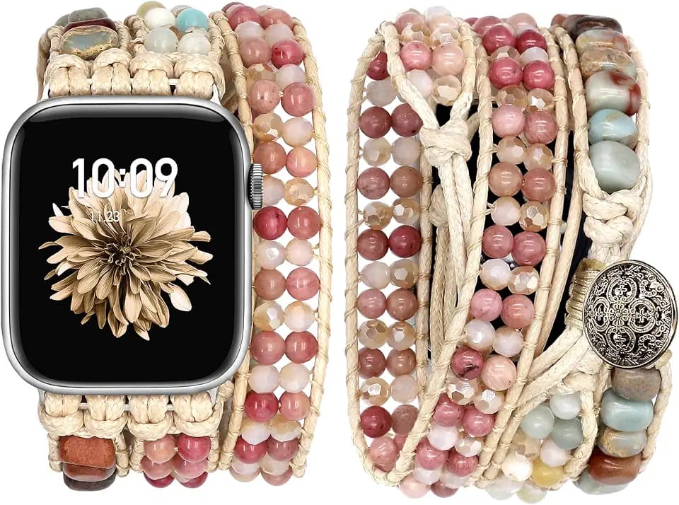 JR.DM Boho Beaded Band Women Compatible with Apple Watch 38mm 40mm 41mm 42mm(S10/11) Pink Bracelet Khaki Stone Adjustable Handmade Braided Strap for iWatch Series 11/10/9/8/7/6/5/4/SE 3/2/1
