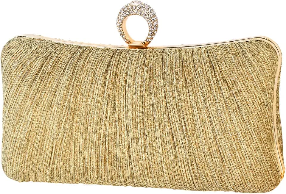 Womens Golden Glitter Clutch Purse Pleated Evening Bag for Bridal Wedding Party with Rhinestone Ring