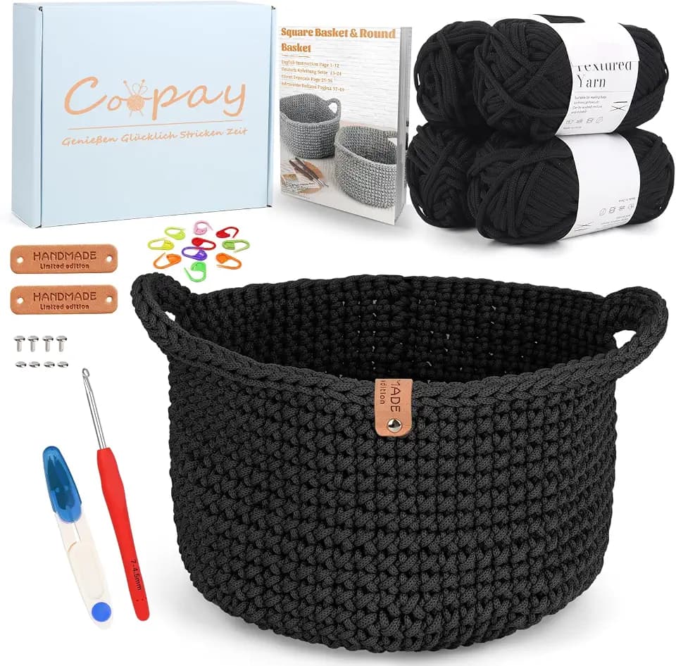 Coopay Häkelset für Anfänger, runde Körbe, mit Häkelanleitung, DIY Häkelset für Körbe, Häkeln lernen mit 4,5 mm Häkelnadel, Dickes Garn für Anfänger