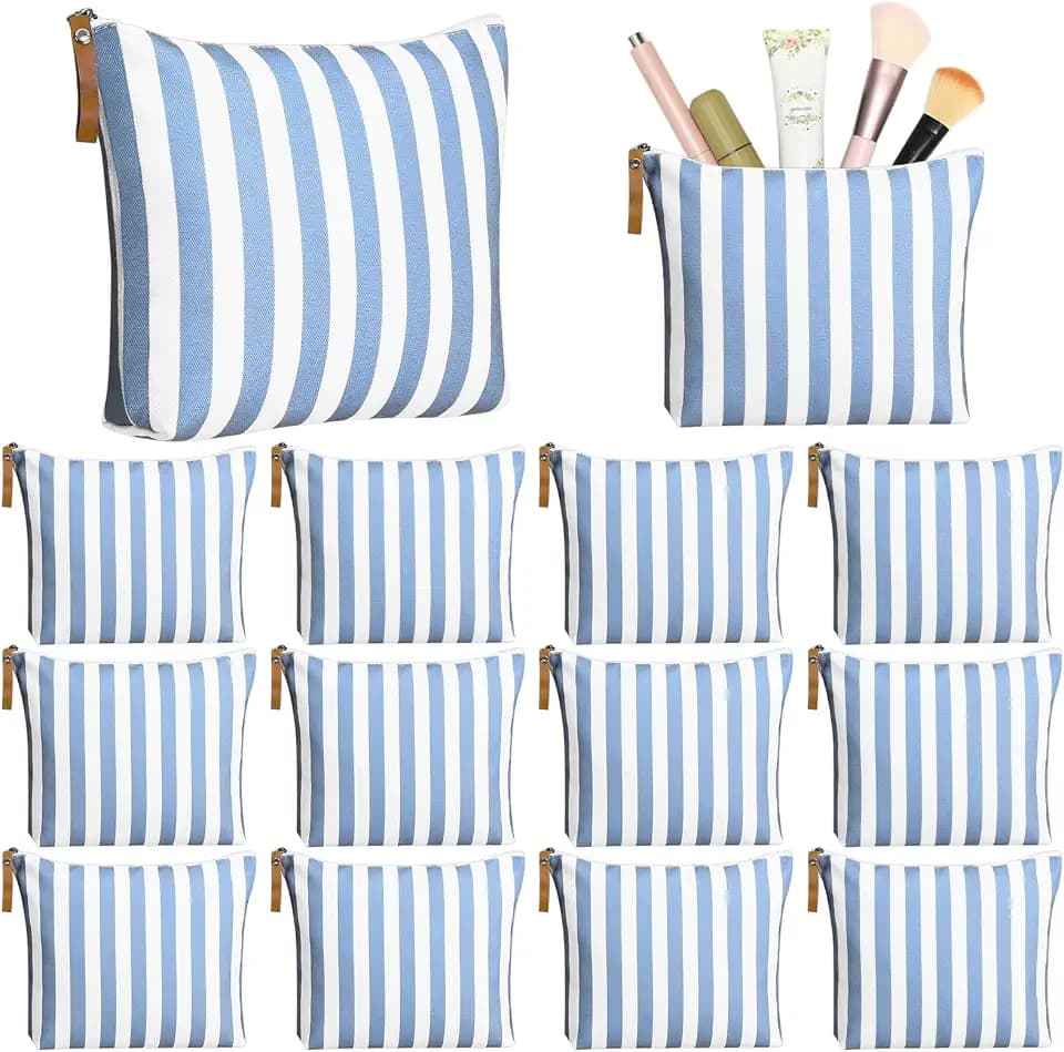 Hillban 12 Pcs Blue Striped Makeup Bags Bulk