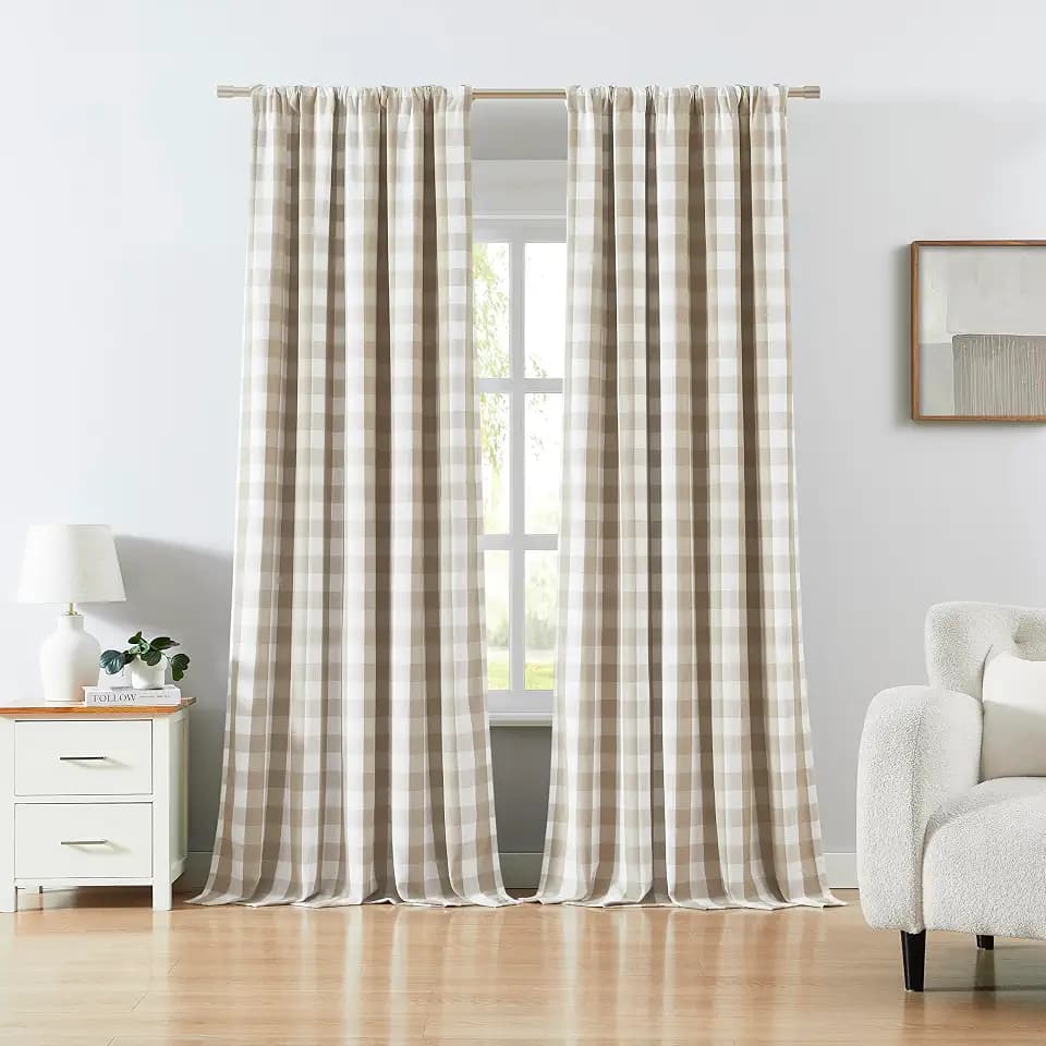 Beige White Buffalo Plaid Full Blackout Curtains 90 Inches Length