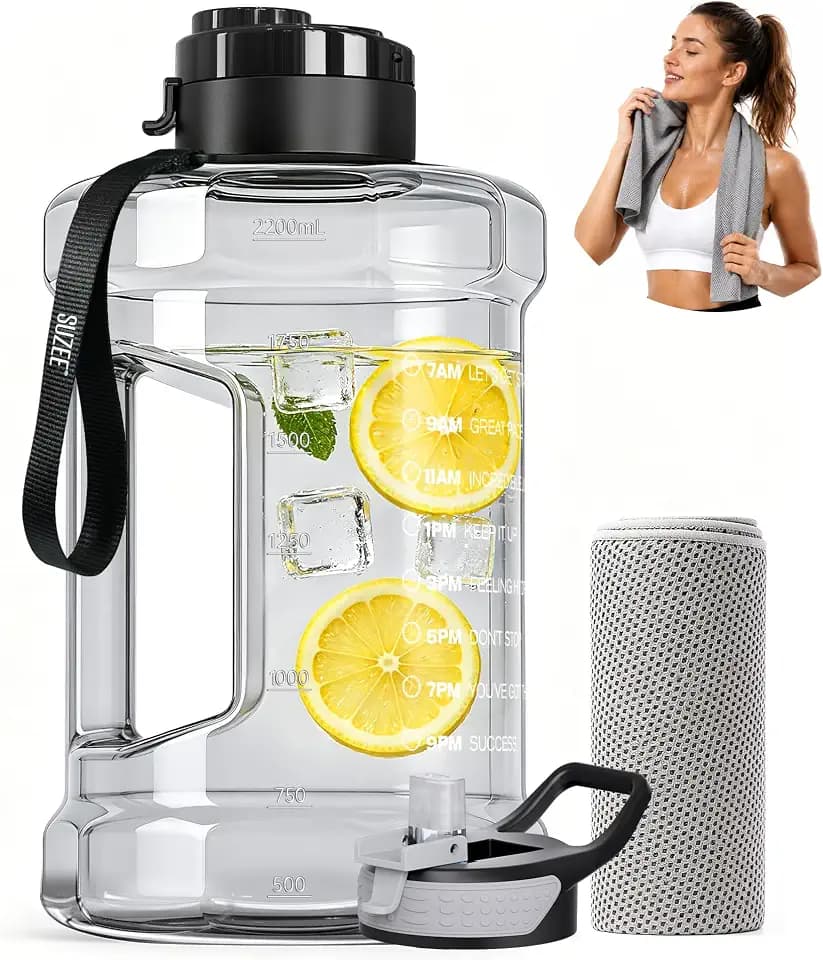 Gallon Water Bottle,74oz Water Jug with Time Marker & Straw & Handle,2 Lids