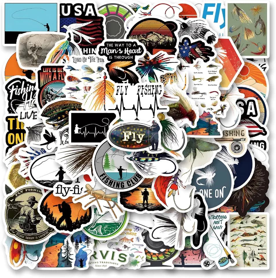64Pcs Fly Fishing Stickers Pack, Aesthetic Vinyl Waterproof Sticker Decals for Water Bottle,Laptop,Phone,Skateboard,Scrapbooking,Bumper for Party Supply Decor Favor…
