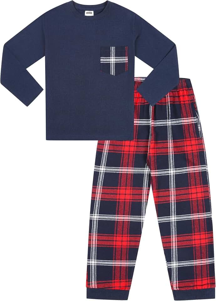 ThePyjamaFactory Jungen Rot Blau Langer Karierter Hose Baumwolle Schlafanzug Satz PJs für Kinder