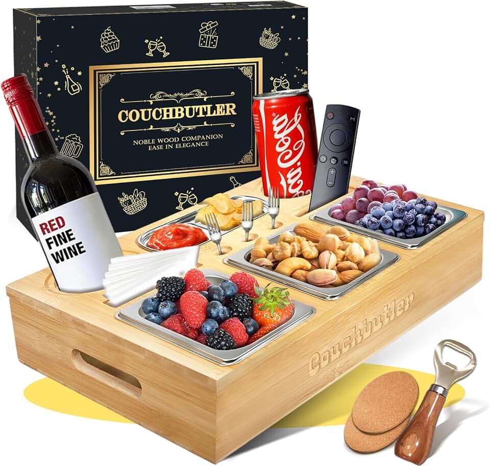 Couchbar Snackbox, Couch Bar Snackbar mit Geschenkbox, Sofa Tablett mit 3 Snackschalen, Sofatablett Snackbox mit Flaschenöffner, Snackbar Couch mit Abnehmbarer für Sofa, Bett, Camping (Hellfarben A)