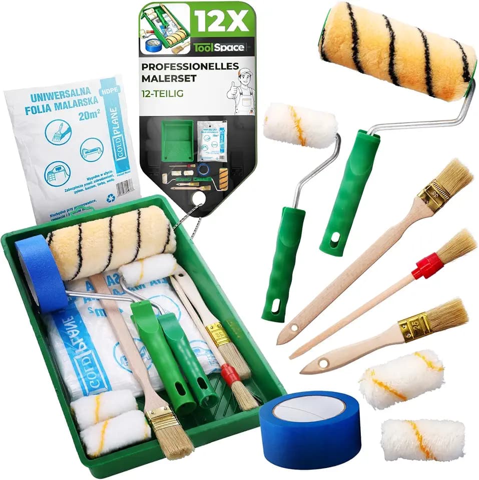 ToolSpace Malerset Malerrolle XL 12tlg Farbroller Abdeckfolie Flachpinsel