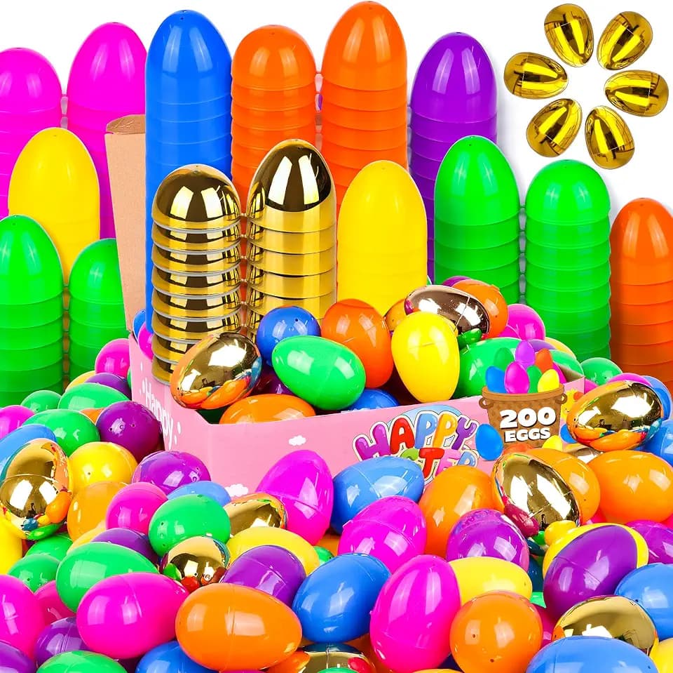 200 Pack 3 Inch Large Easter Eggs Bulk Include 6 Surprise Golden Eggs, Bright Colors Fillable Empty Plastic Easter Egg for Easter Hunt, Easter Basket Fillers, Easter Party Favors