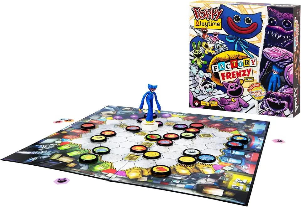Poppy Playtime Factory Frenzy Game, Exclusive Huggy Wuggy Attacking Mover Spins, Points and Chases Players Around The Board. Use Your Wits As You Grab Toys and Try to Escape, for 2-6 Players Aged 9+