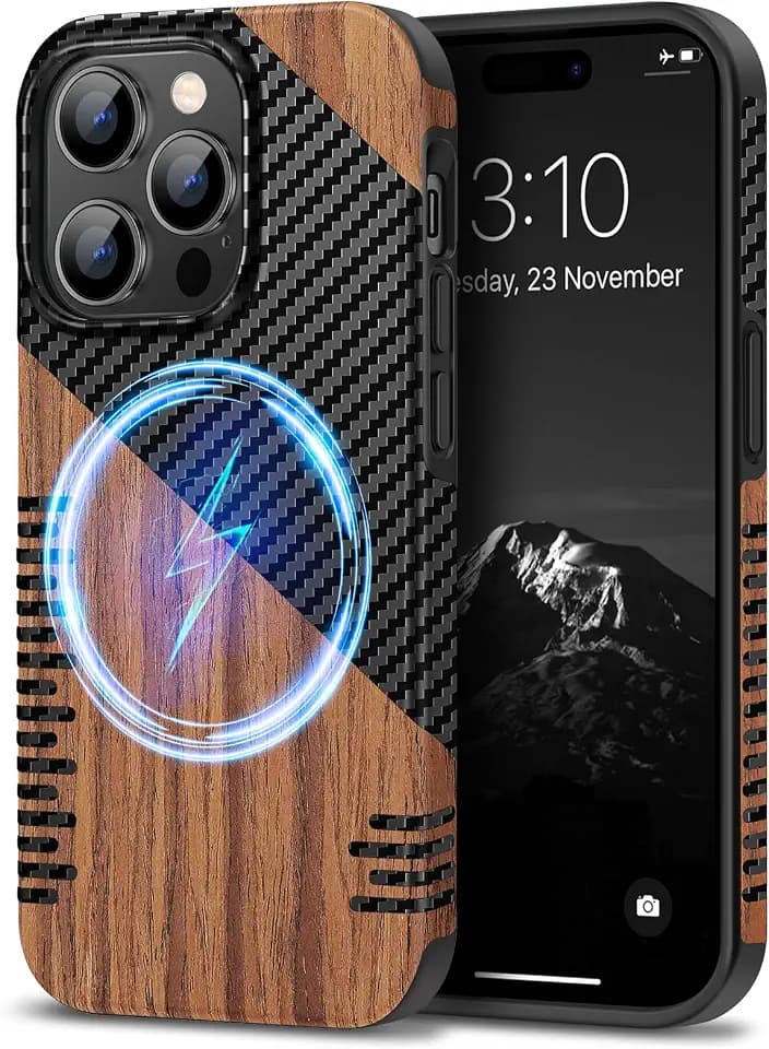 TENDLIN Magnetic Case Compatible with iPhone 14 Pro Max Case Wood Grain with Carbon Fiber Texture Design Leather Hybrid Slim Cover (Compatible with MagSafe) Twill