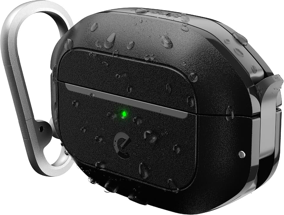 KeyBudz ElementProof für AirPods Pro 2 Case mit Schloss, vollständig wasserdichtes AirPods Pro Etui 2. Generation, robuster Schutz, Hartschalenhülle, Karabiner für AirPods Pro 1 & 2 - Schwarz