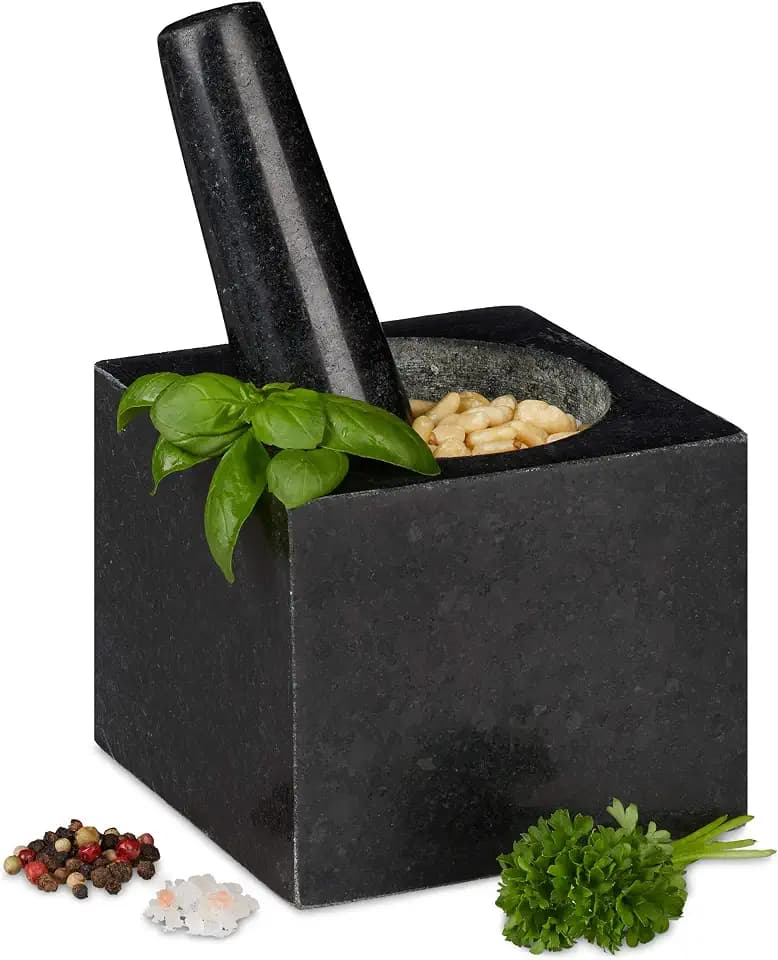 Relaxdays Granit Mörser mit Stößel, eckig, langlebig, Gewürze, Kräuter, 9,5x11x11cm, 250 ml, polierter Steinmörser, grau