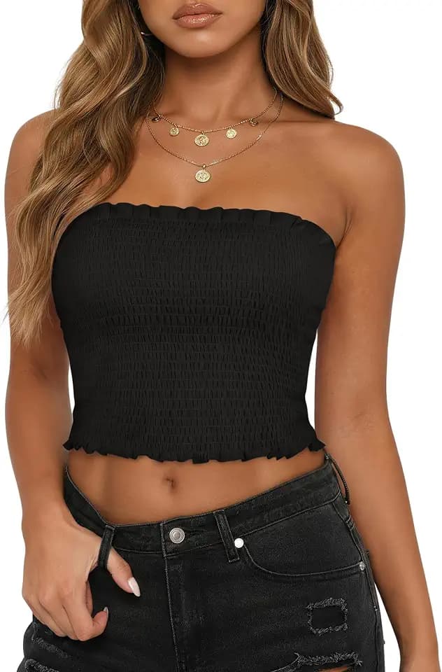 Womens Tube Tops Strapless Crop Tops Sleeveless Smocked Tank Top Summer Casual Backless Bandeau Top Basic Shirts