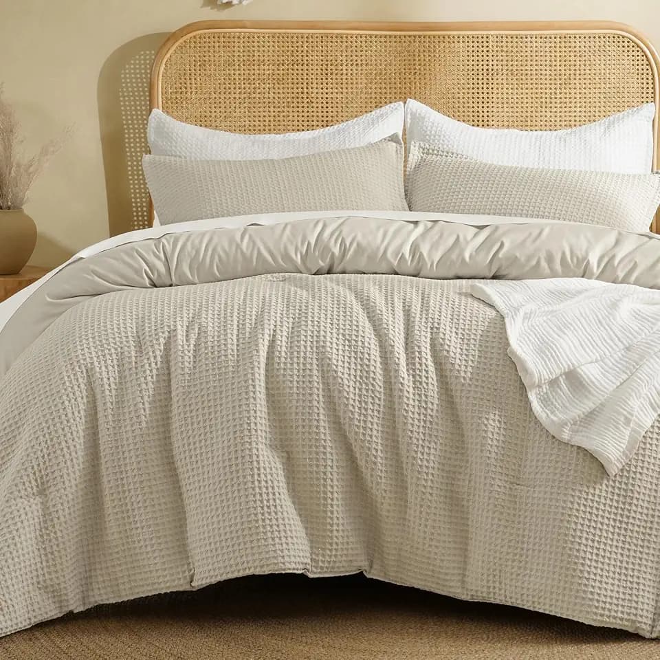 David's Home Textured Summer Waffle Weave Comforter Set, King, Linen