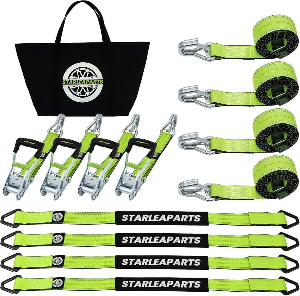 Car Trailer Tie Down Straps with Relfective - 2" x 144" Car Tie Down Straps for Trailer - 10,000LBS Break Strength Tire Straps for A Car Trailers with 4 Axle Straps for Truck,UTV, Powersports (4PK)