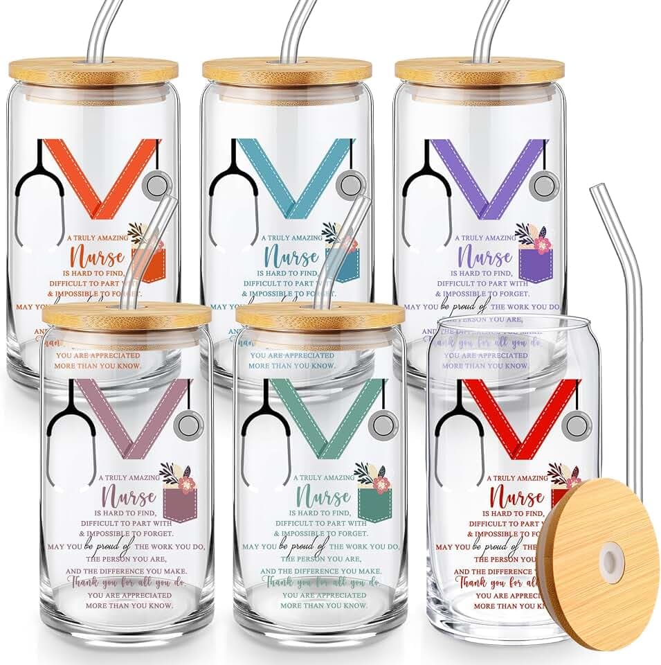 6 Pcs Nurse Gift 16oz Glass Tumbler Bamboo Lid Straw, Cute Color