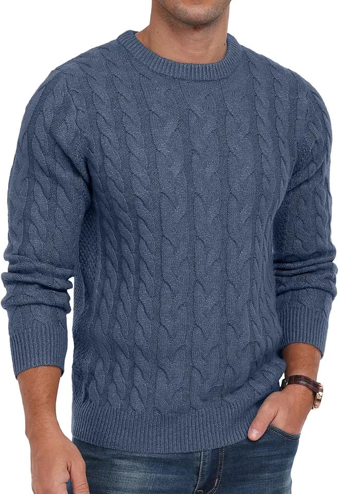 QIXING Strickpullover Herren Zopfmuster Pullover Rundhals Lässiger Langarm Grobstrick Sweater Pulli mit Rippenbündchen