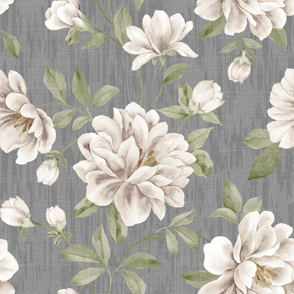 VaryStyle 17.7"x393" Classical Peony Floral Wallpaper Grey/White Floral Peel and Stick Wallpaper Vintage Elegant Flower Mural Removable Self Adhesive Grey Contact Paper for Cabinets Walls Farmhouse