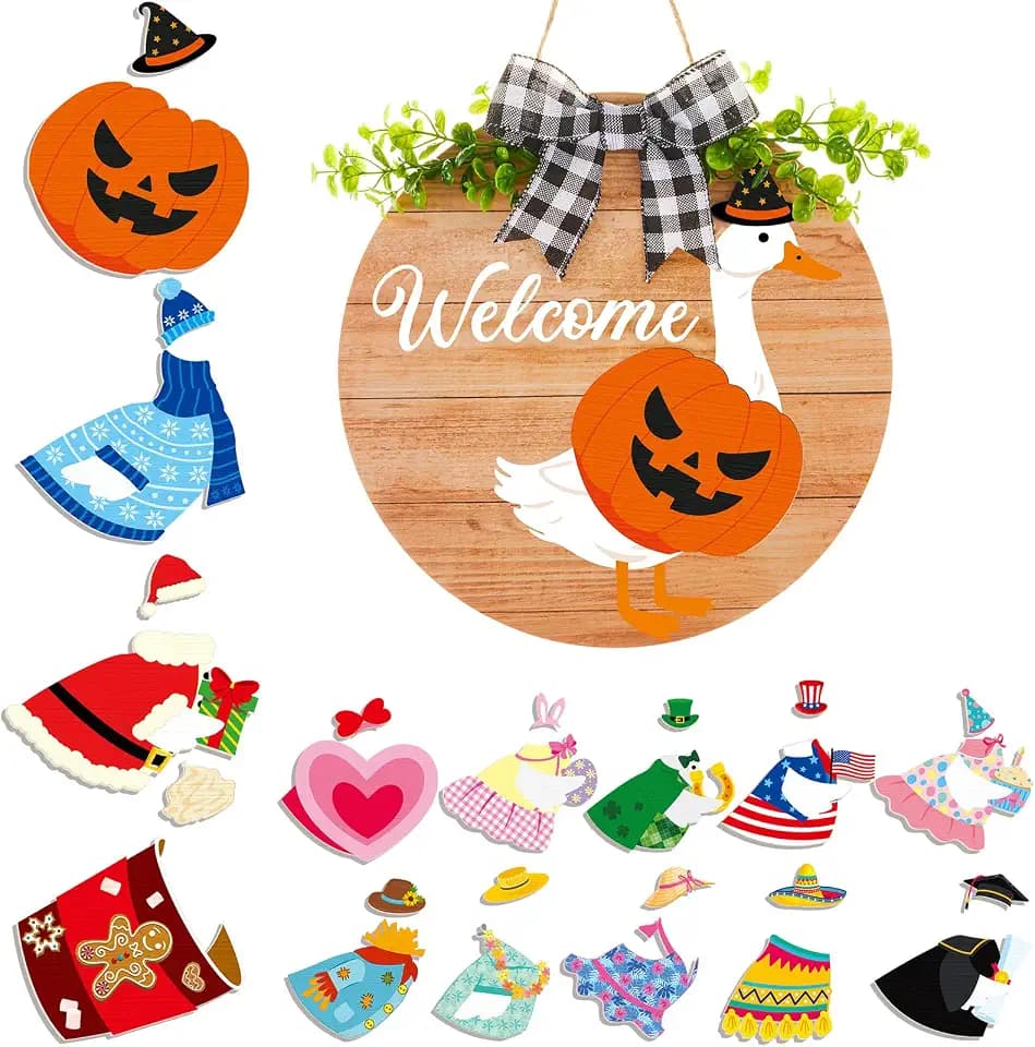 16 Pcs Halloween Interchangeable Goose Welcome Sign Wood Front Porch Decor