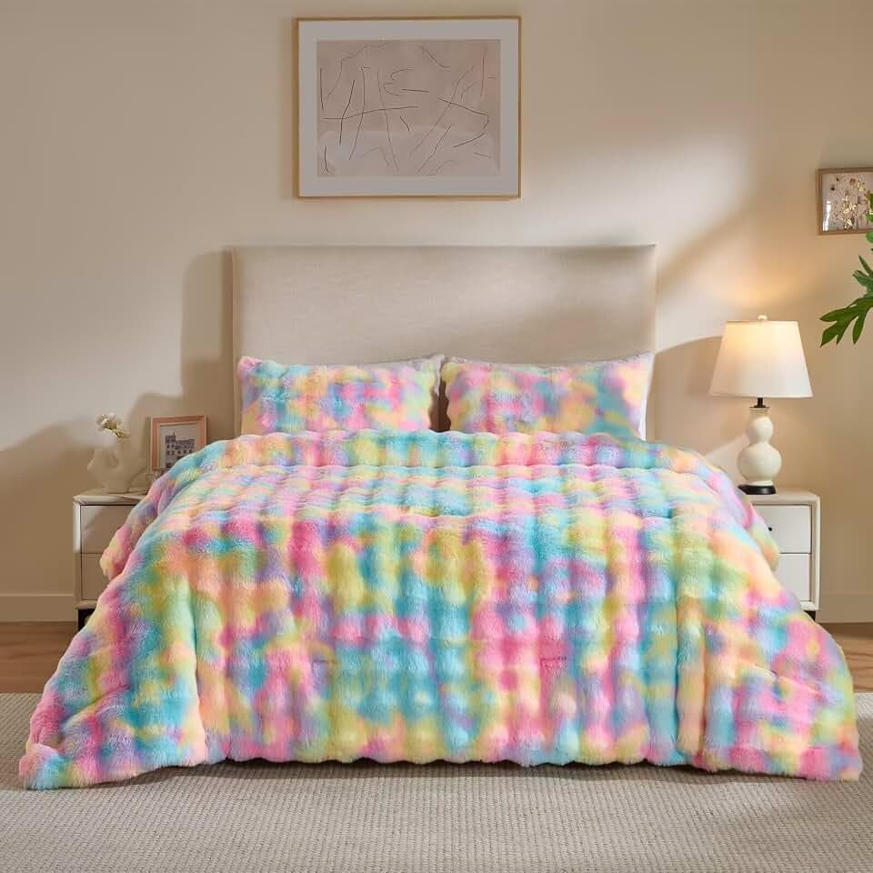 Plush Faux Fur Comforter Set - Ultra Soft Fuzzy Bedding, Reversible Flannel Back Comforter, Warm Lightweight Cozy Fluffy Bed Set