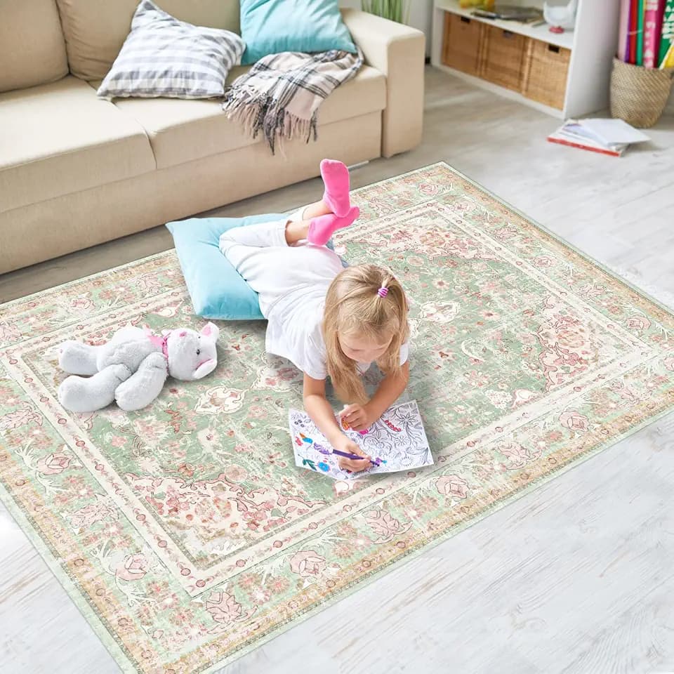 Vhong Washable Area Rugs Boho Vintage Modern Neutral Small Carpet Green and Pink High Traffic Rugs 3×5 for Dinning Room Living Room Bedroom Farmhouse Non Slip