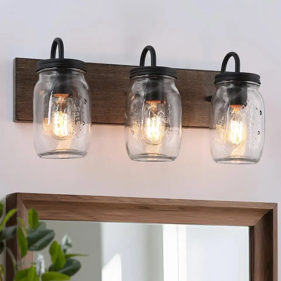 LALUZ Bathroom Vanity Light Fixtures, 3-Light Farmhouse Mason Jar Vanity Lights, 18'' Rustic Bathroom Lighting Lights Over Mirror