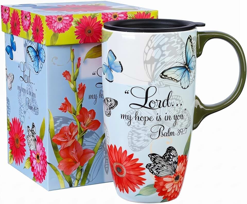 Topadorn Keramikbecher mit Deckel 500 ml – Christlich mit Psalm 39:7 & Schmetterling Blumen Design, Spülmaschinenfest & Mikrowellengeeignet, in Geschenkbox