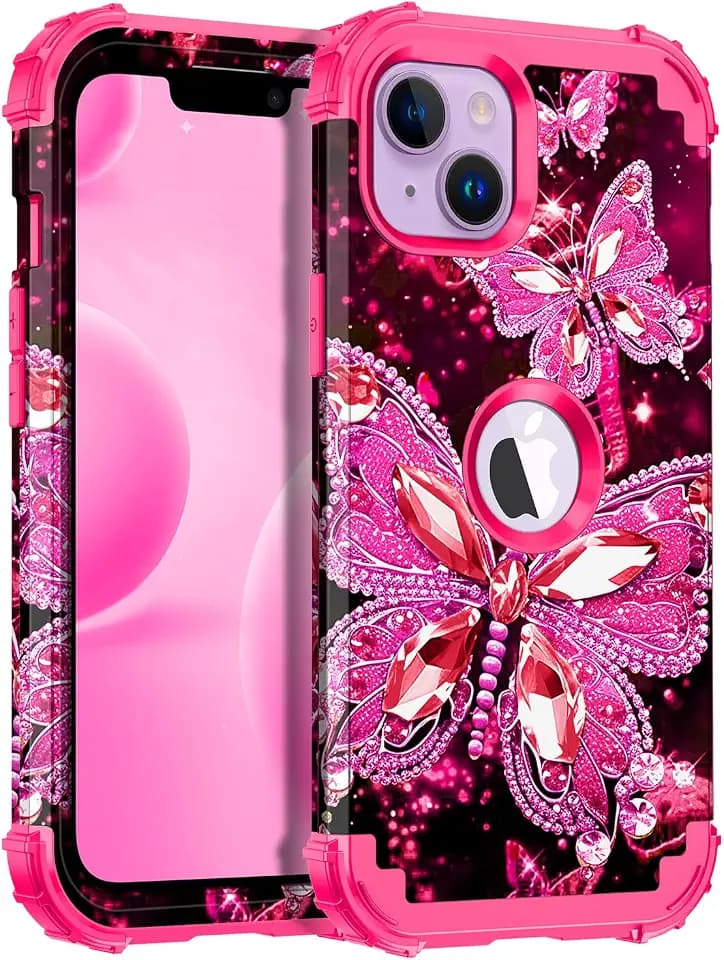 Miqala Compatible with iPhone 13 Case & iPhone 14 Case,Glow in The Dark Three Layer Heavy Duty Shockproof Hard Plastic Bumper+Soft Silicone Protective Case for iPhone 13/14 6.1 inch,All Rose Red