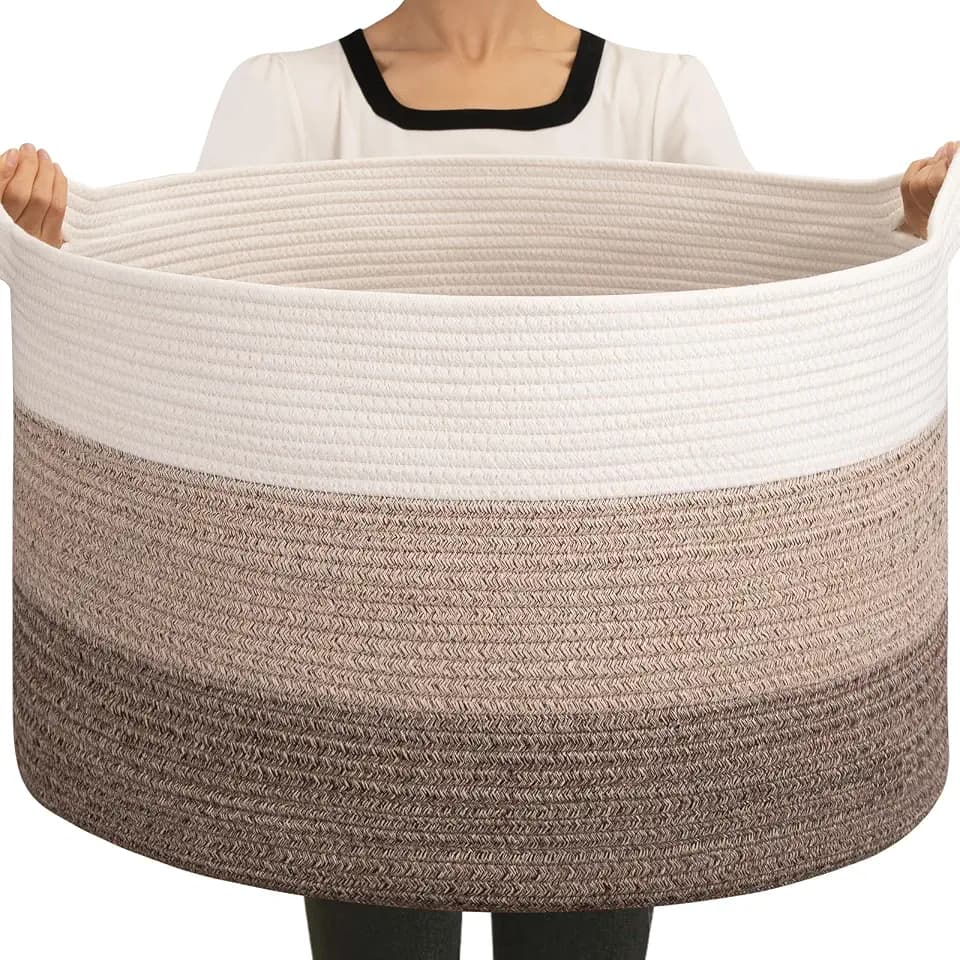 OIAHOMY 90L Extra Large Blanket Basket - Decorative Cotton Rope Storage Basket for Bedroom, Living Room & Nursery - Woven Laundry Hamper for Organizing Blankets, Clothes & Toys - Gradient Brown