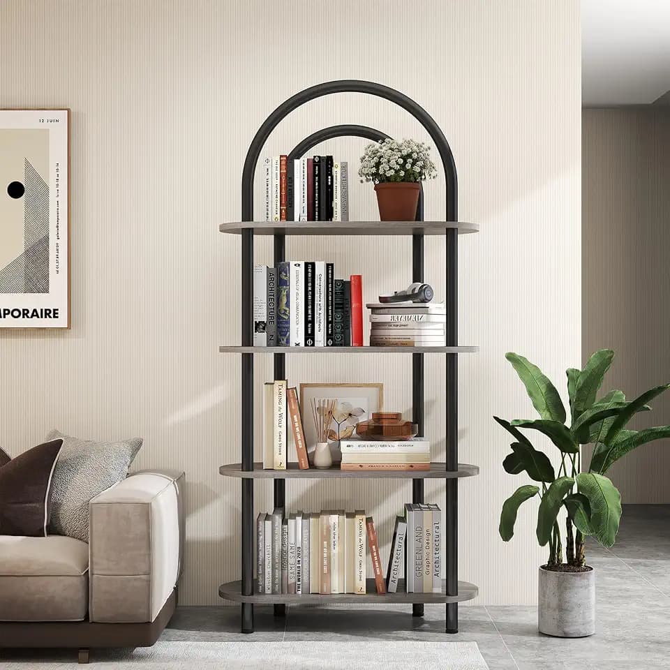 YOSHOOT 4-stöckiges gewölbtes Bücherregal, Bücherregal mit Metallrahmen und Holzregalen, 165,5 cm hohes, Lagerregale für Wohnzimmer, Arbeitszimmer, Büro, 80*30*165.5cm (Graue Eiche)