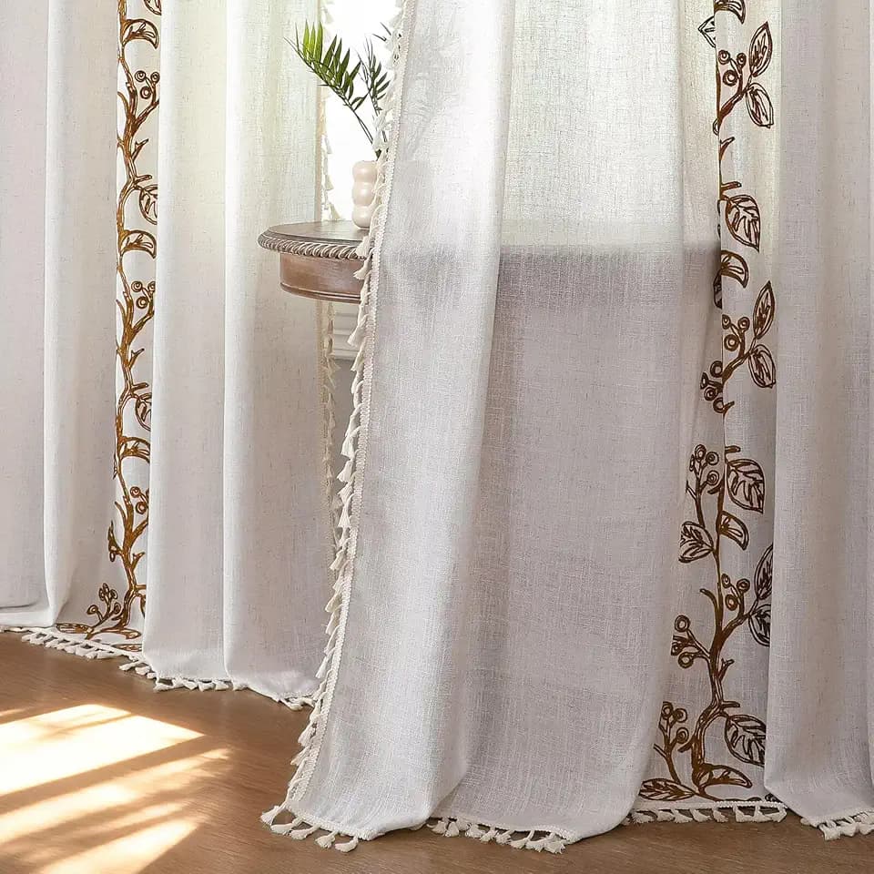 Joydeco Coffee Foliage Bifacial Embroidered Curtains 84 Inch Long 2 Panel Set,Semi Sheer Tassels Linen Drapes for Living Room,Boho Light Filtering Cottage Curtain with Back Tab Rod Pocket(84" Lx52 W)