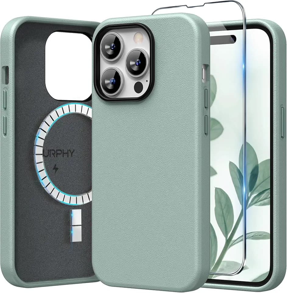 SURPHY Faux Leather Case Compatible with iPhone 14 Pro Max Case (6.7 inch, 2022), PU Leather Phone Case with Metallic Buttons & Microfiber Lining (Mint Green)