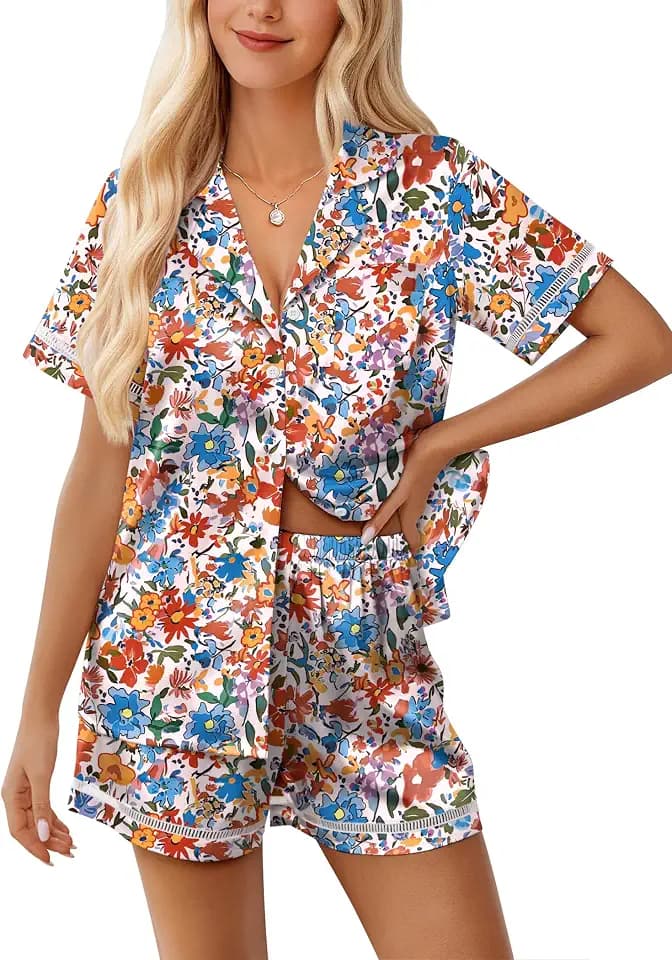Ekouaer Women Silk Pajama Sets Button Up Satin Short Sleeve 2 Piece Pj Sets