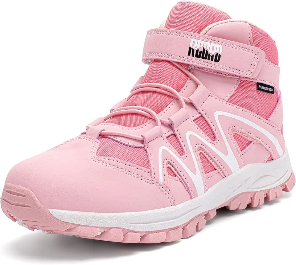 R CORD Hook and Loop Kids Hiking Boots Waterproof with Anti Slip Sole Protective Toe Cap, Breathable Durable Outdoor Boots for Boys Girls, Easy On Off Boots for School, Playground, Recess, and Everyday Play