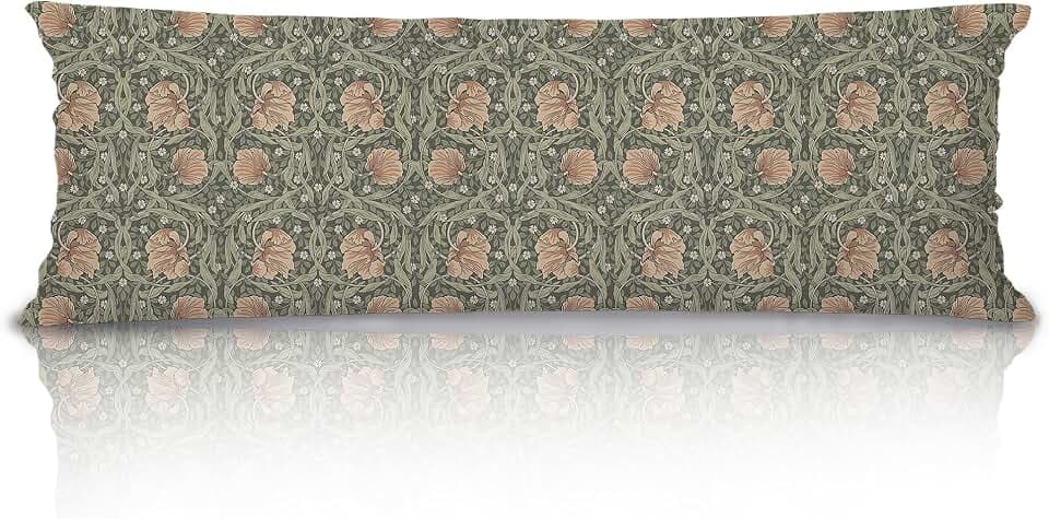 William Morris 20x54 Body Pillow Cover, Floral Room Decor, Botanical Decor, Vintage Green Pink Floral Botanical Art Decorative Long Pillow Cases for Bed Couch