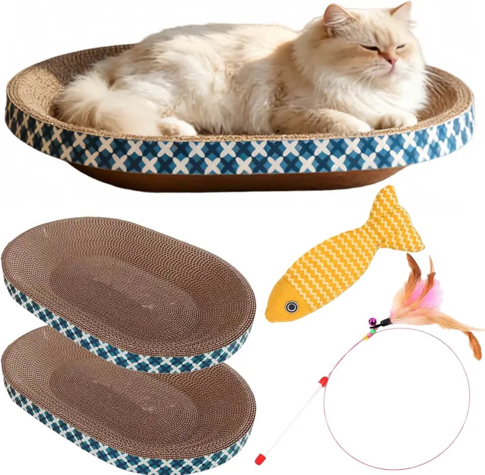 Katzen Kratzer mit Spielzeug, 2er Pack Kratzschale aus Karton, Katzenbett & Kratzbrett in Einer Schüssel, Große Liegemulde zum Krallen wetzen, Möbelschutz mit Catnip Fisch & Federstab