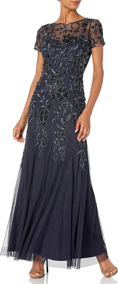 Adrianna Papell Womens Floral Beaded Godet Gown
