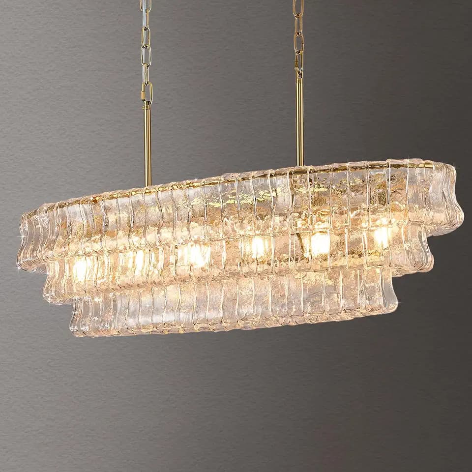 39in Large Chandelier Gold, Modern Dining Room Light Fixtures, 3 Layer Luxury Glass Chandelier 6 Light Rectangular Chandeliers for Dining Room Kitchen Island Living Room (Clear Glass)