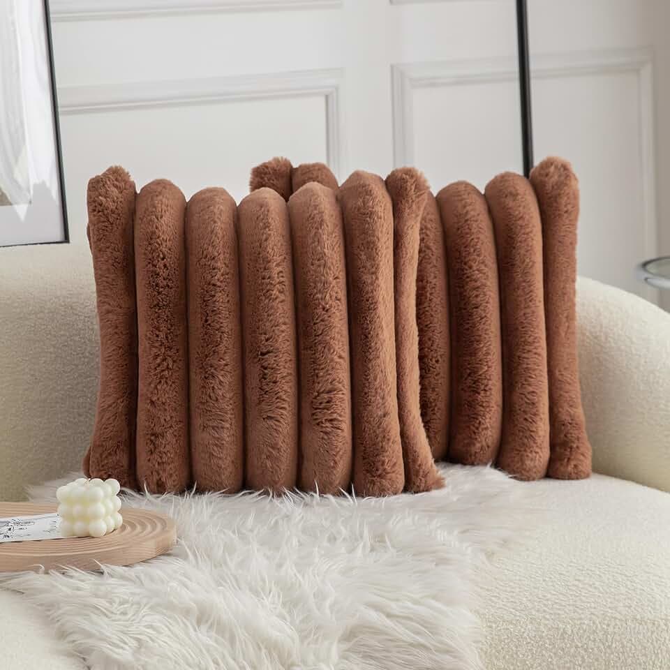 Neelvin 2er Set Plüsch Kissenhülle Kunstpelz Gemütliche Weiche Gestreifte Dekorative Kissenbezug Kissenbezüge Dekokissen Zierkissenbezug Sofakissen Braun 45x45 cm für Sofa Schlafzimmer