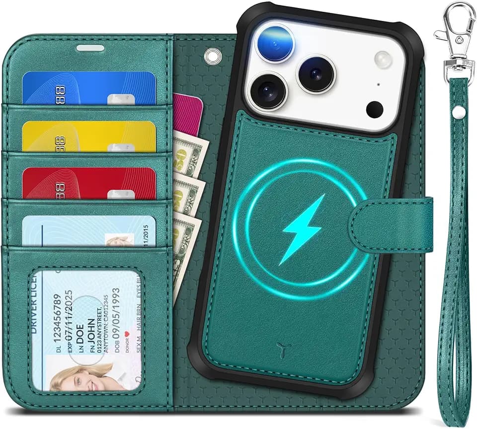 TUCCH Detachable Case Wallet for iPhone 18 Pro/17 Pro (6.3"), Bluish Green